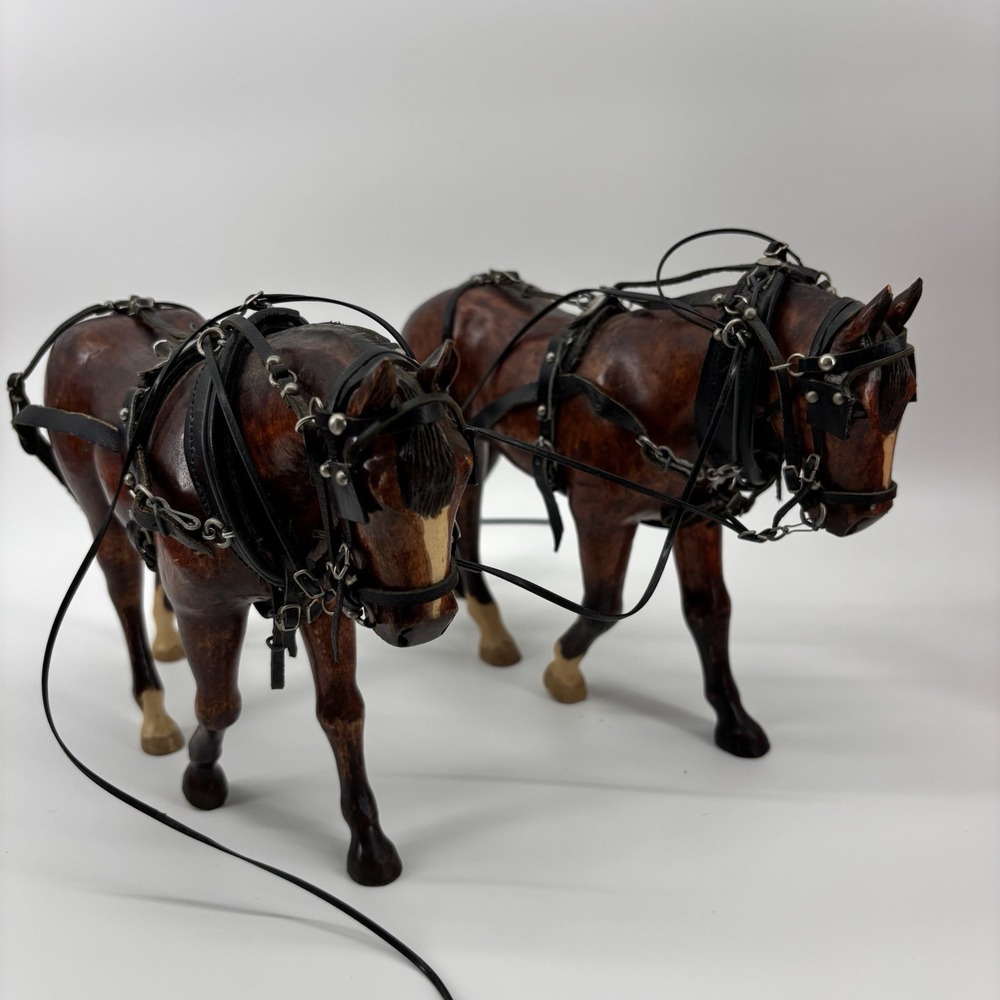 Rare Vintage Wooden Horses  With Tooled Leather Bridle Reins Draft‎ Team